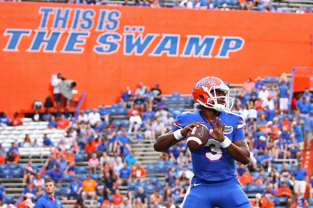 GAINESVILLE FL- SEPTEMBER 05 Quarterback Treon Harris #3 of the Florida Gators warms up prior to the start of the game against the New Mexico State Aggies at Ben Hill Griffin Stadium