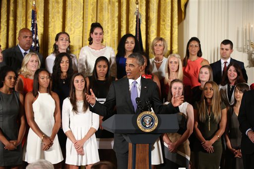 President Barack Obama speaks in the East Room of the White House in Washington Tuesday Sept. 15 2015 during a ceremony to honor the 2015 NCAA Women's Basketball Champion University of Connecticut Huskies