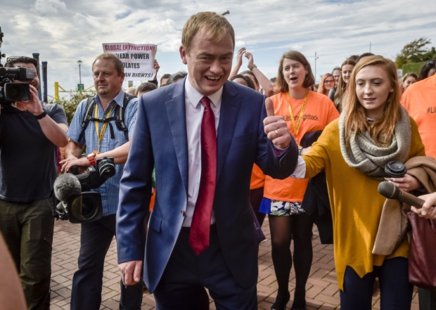 Leader of the Liberal Democrats,Tim Farron arrives to deliver his keynote speech