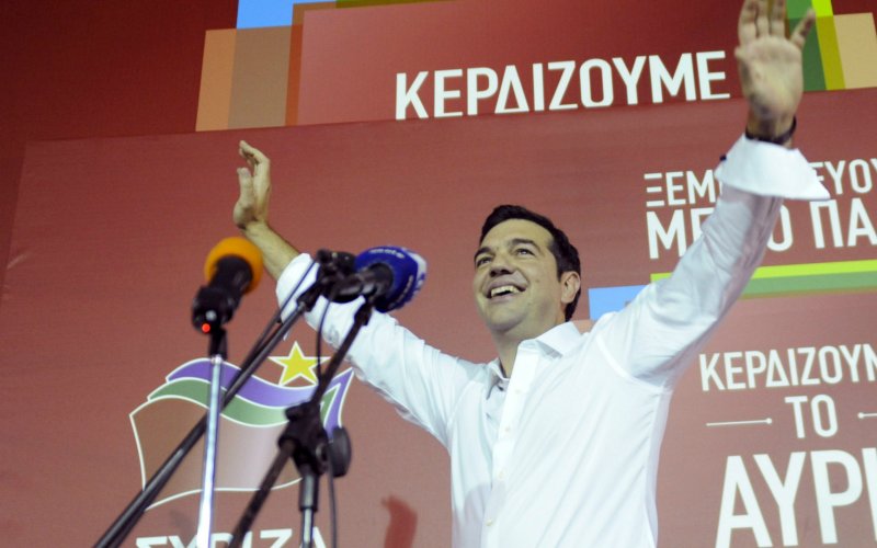 Former Greek prime minister and leader of leftist Syriza party Alexis Tsipras waves to supporters after winning the general election in Athens Greece