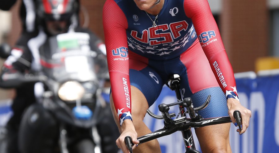 Kristin Armstrong of the United States takes a turn as she competes in the women's elite time trials at the UCI Road World Championships cycling races in Richmond Va. Tuesday Sept. 22 2015