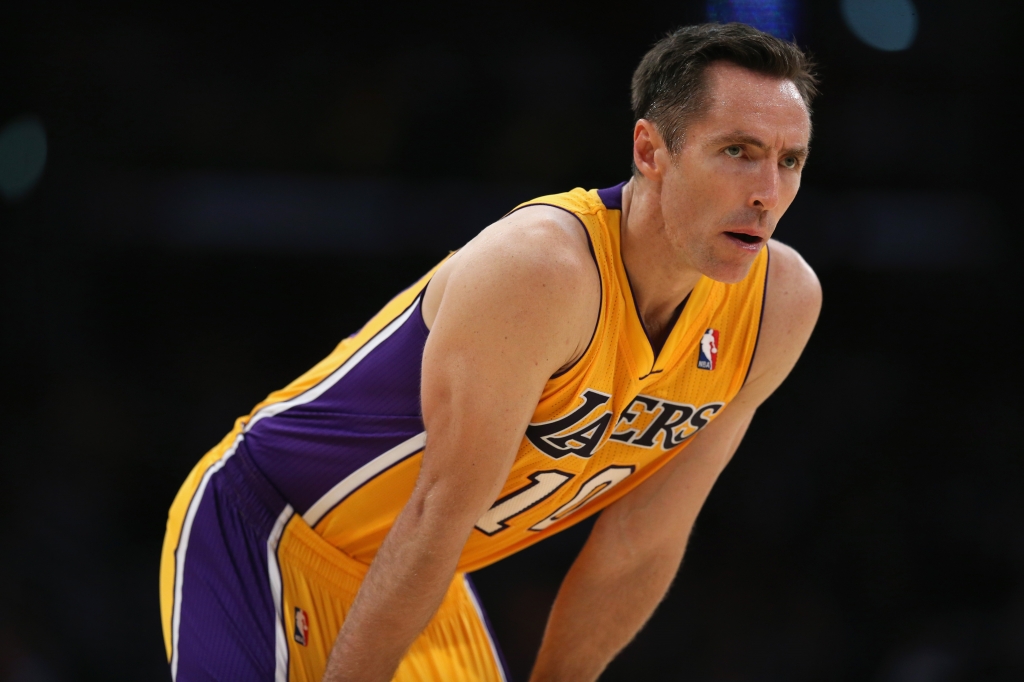 LOS ANGELES CA- OCTOBER 22 Steve Nash #10 of the Los Angeles Lakers looks on against the Utah Jazz at Staples Center