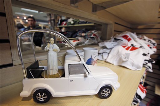 A musical popemobile with a likeness of Pope Francis in it is for sale at The Basilica of the National Shrine of the Immaculate Conception gift shop in Washington Tuesday Sept. 22 2015 in preparation for the upcoming visit by Pope Francis. (AP