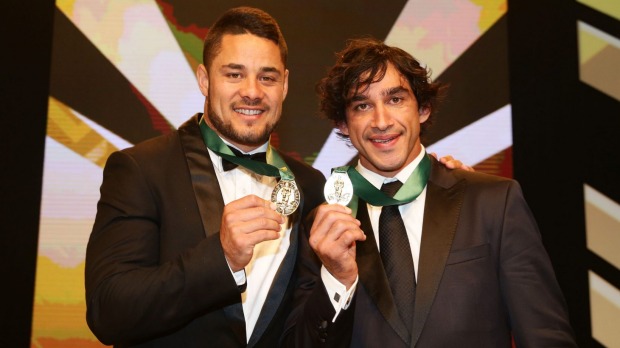 Winners Jarryd Hayne and Johnathan Thurston shared the Dally M Medal last season