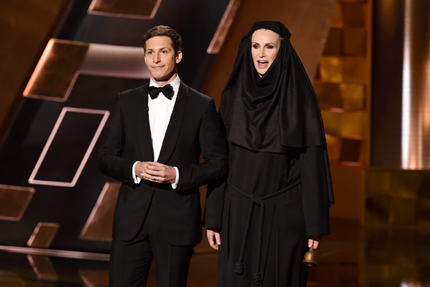 LOS ANGELES CA- SEPTEMBER 20 Host Andy Samberg and actress Jane Lynch speak onstage during the 67th Annual Primetime Emmy Awards at Microsoft Theater