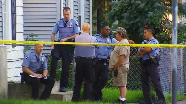 Police investigates the scene of a domestic double homicide in south Minneapolis on Friday night according to the Minneapolis Police Department