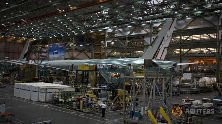 A Boeing 777 sits on the assembly line at the company's operations in Everett Washington in this