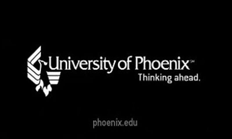 A screen grab shows a University of Phoenix logo at the end of a promotional video