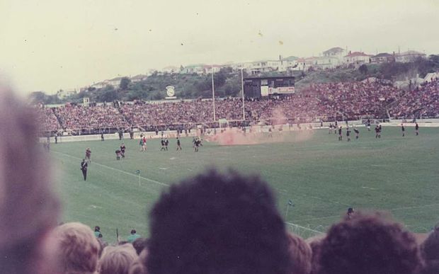 A smoke bomb thrown on to the pitch at Eden Park 1981