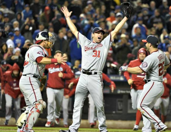 Max Scherzer celebrates after tossing a no-hiiter against the Mets on Saturday. It was the Nationals ace's second of the season