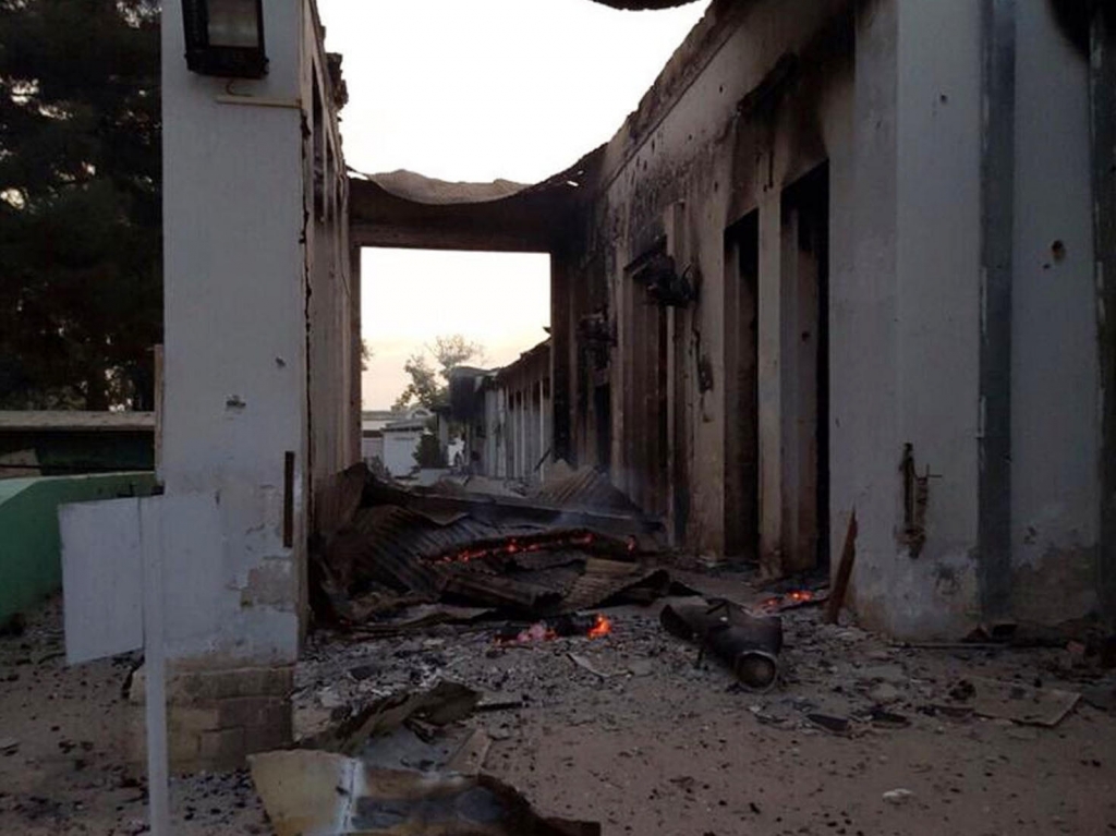 The burned Doctors Without Borders hospital is seen after explosions in the northern Afghan city of Kunduz on Saturday. Doctors Without Borders says 12 staff members and 10 patients were killed in the attack and 37 others wounded