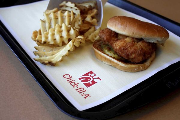 An original chicken sandwich and waffle fries