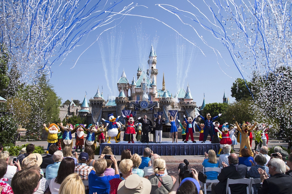 Mickey Mouse and his friends celebrate the 60th anniversary of Disneyland park during a ceremony at Sleeping Beauty Castle featuring Academy Award-winning composer Richard Sherman and Broadway actress and singer Ashley Brown in Anahei