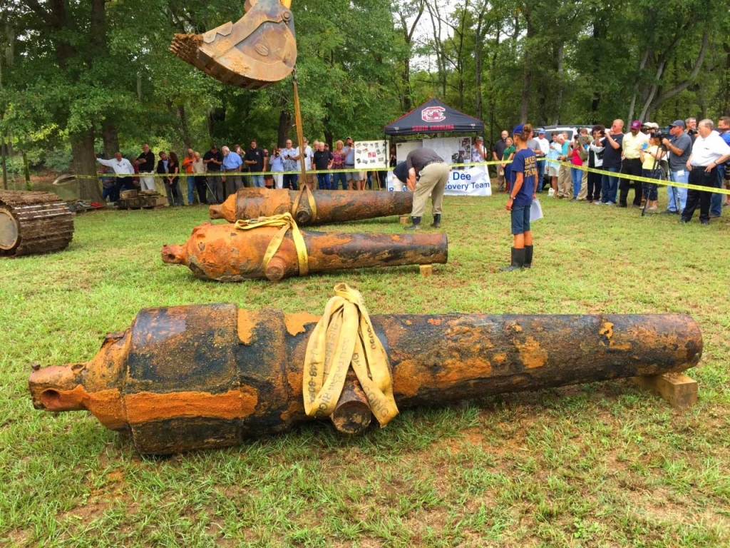 Three cannons recovered from the CSS Pee Dee include two Brooke rifles and one Dahlgren smoothbore- Credit: Peggy Binette University of South Carolina