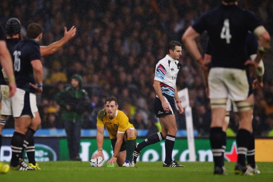 Australia’s Bernard Foley centre prepares to kick the match winning penalty