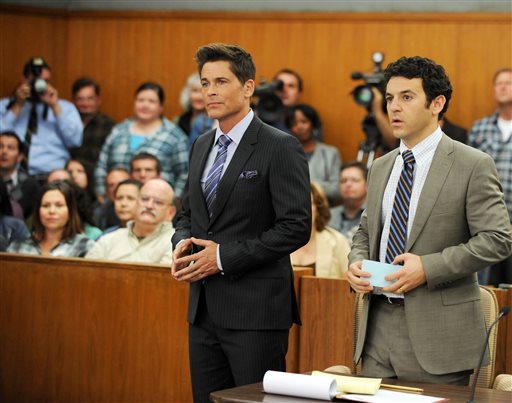 In this image released by Fox Rob Lowe left and Fred Savage appear in a scene from'The Grinder' premiering Sept. 29 on Fox