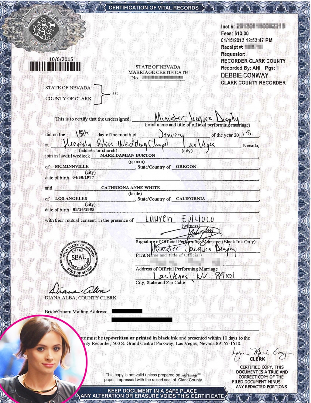 Cathriona White marriage certificate