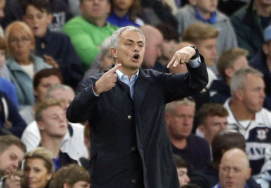 Chelsea manager Jose Mourinho gestures during the English Premier League soccer match between Chelsea and Southampton at Stamford Bridge stadium in London Saturday Oct. 3 2015