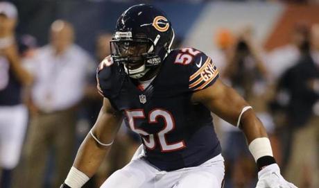 Chicago Bears linebacker Jonathan Bostic drops back into pass coverage during the first half of a preseason NFL football game against the Miami Dolphins Thursday Aug. 13 2015 in Chicago