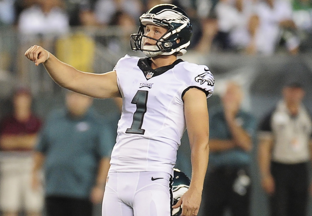 PHILADELPHIA PA- AUGUST 28 Kicker Cody Parkey #1 of the Philadelphia Eagles kicks a field goal in the preseason game against the Nerw York Jets