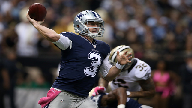 Oct 4 2015 New Orleans LA USA Injured Dallas Cowboys quarterback Tony Romo talks to quarterback Brandon Weeden in the first quarter against the New Orleans Saints at Mercedes Benz Superdome. Mandatory Credit Chuck Cook-USA TODAY Sports