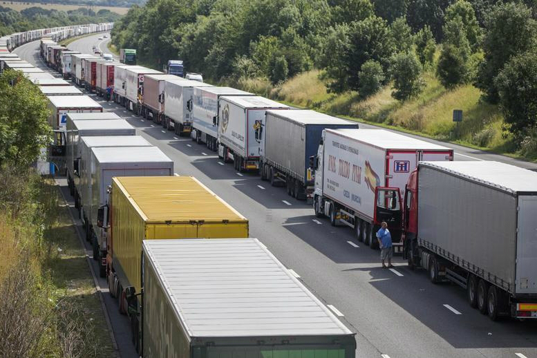 Drivers wait on the M20 motorway which leads from London to Channel Tunnel terminals