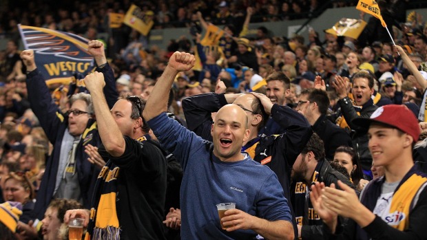 Eagles fans celebrate a goal during the qualifying final win against Hawthorn