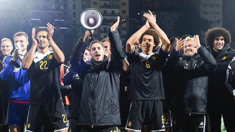 Eden Hazard celebrates with his Belgium team-mates after defeating Andorra to qualify for the European Championships