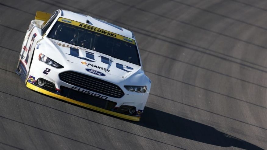 KANSAS CITY KS- OCTOBER 16 Brad Keselowski driver of the #2 Miller Lite Ford practices for the NASCAR Sprint Cup Series Hollywood Casino 400 at Kansas Speedway