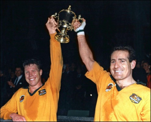 AFP  File  Pool Australian captain Nick Farr Jones and team-mate David Campese raise the Webb Ellis Cup after the 1991 Rugby World Cup final match Australia vs England at Twickenham