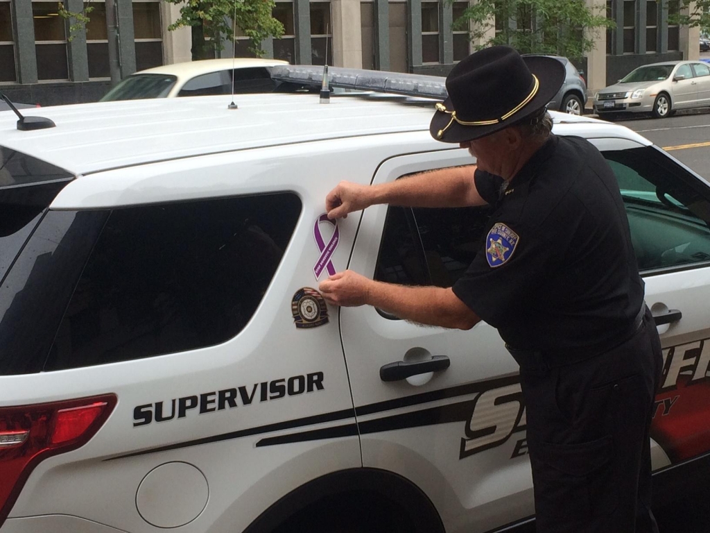 Erie County Sheriff Timothy Howard afixes a commemorative puple ribbon on a vehicle as part of Domestic Violence Awareness Month