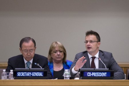 U.N. Secretary General Ban Ki-moon and Hungarian Minister of Foreign Affairs Peter Szijjarto participate in the Ninth Ministerial-level Conference on Facilitating the Entry into force of the Comprehensive Nuclear Test Ban Treaty during the United Nations