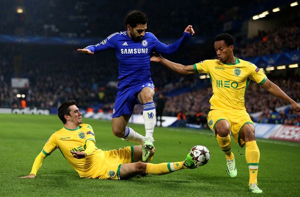 Mohamed Salah is closed down by the Sporting Lisbon defence