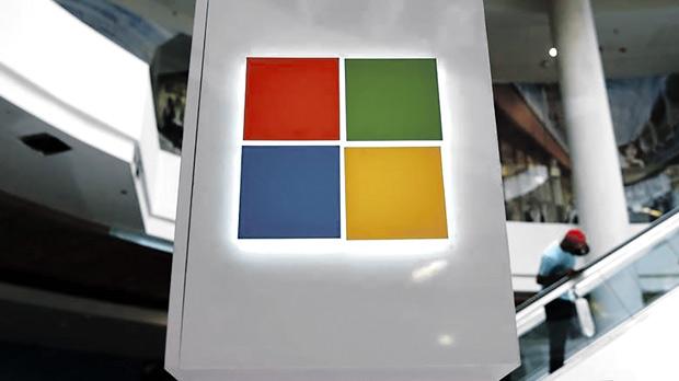 A Microsoft logo at a pop-up site for the new Windows 10 operating system at Roosevelt Field in Garden City New York