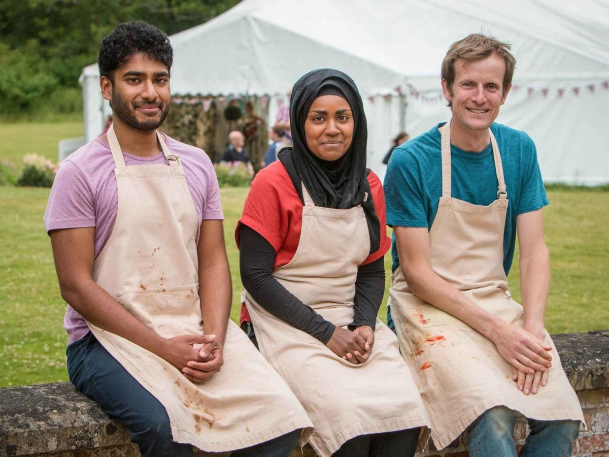 Gret British Bake Off contestants Ian Cumming, Nadiya Jamir Hussain and Tamal Ray