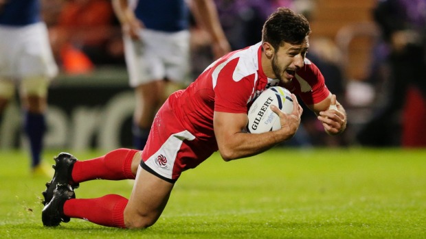 Lasha Malaguradze scores the second try for Georgia against Namibia at Sandy Park Exeter