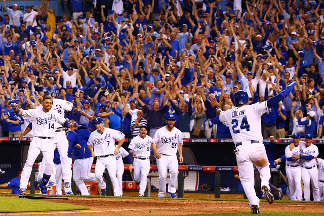 Kansas City Royals Mike Moustakas watches his two-run