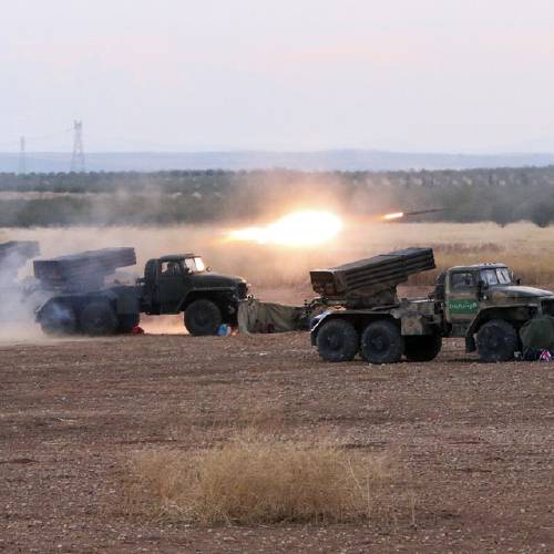 Oct. 7 2015 Syrian army rocket launchers fire near the village of Morek in Syria. The Syrian army has launched an offensive this week in central and northwestern Syria aided by Russian airstrikes. CIA-backed