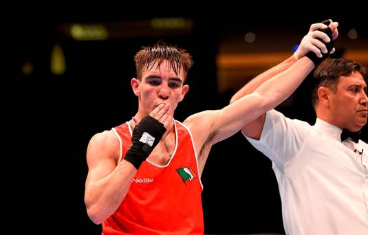 Michael Conlan Ireland celebrates after beating Dzmitry Asanau Belarus in their Men's Bantamweight 56kg Semi Final bout. AIBA World Boxing Championships Semi-Finals Ali Bin Hamad Al Attiyah Arena Doha Qatar