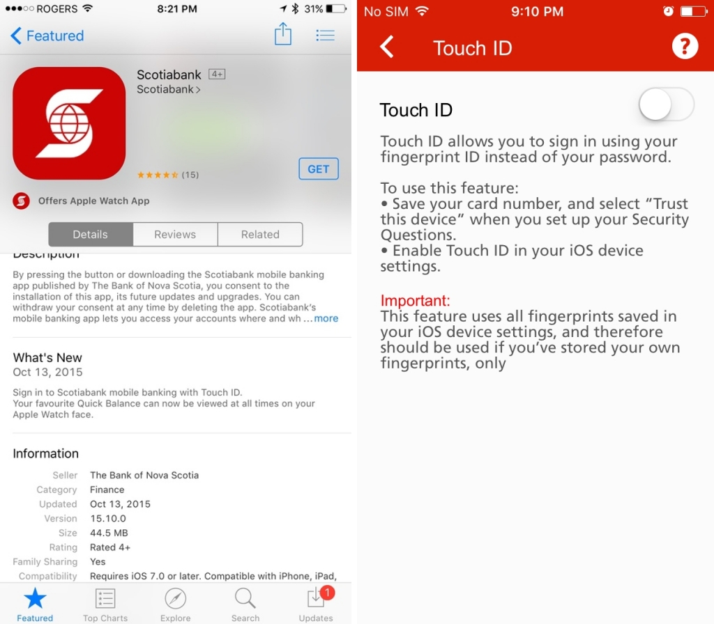 Scotiabank iOS Touch ID