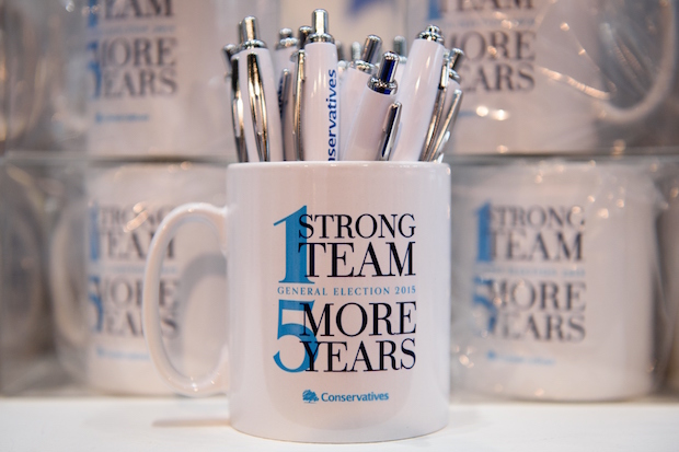 Conservative party memorabilia and merchandise is displayed in the exhibition hall of the Manchester Central venue on the first day of the annual Conservative party conference in Manchester