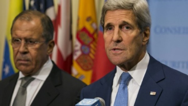 US Secretary of State John Kerry and Russia Foreign Minister Sergei Lavrov speak to the media after a meeting concerning Syria at UN headquarters in New York