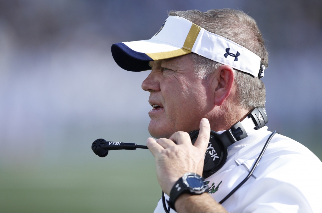 SOUTH BEND IN- SEPTEMBER 19 Head coach Brian Kelly of the Notre Dame Fighting Irish looks on against the Georgia Tech Yellow Jackets in the second quarter at Notre Dame Stadium