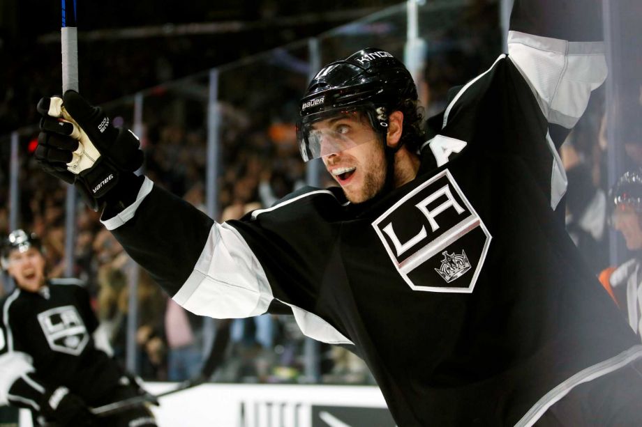 Los Angeles Kings center Anze Kopitar celebrates his overtime against the Minnesota Wild during an NHL hockey game Friday Oct. 16 2015 in Los Angeles. The Kings won 2-1