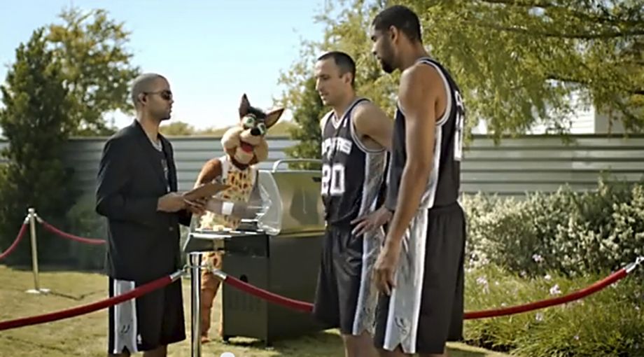 A screen-grab of an H-E-B commercial that arired in 2013 with Tony Parker as doorman denying Tim Duncan and Ginobili entry to exclusive cookout even through he personally invited both