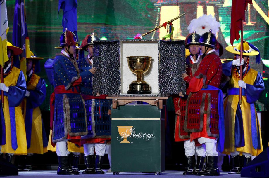 The Presidents Cup is displayed during an opening ceremony for the 2015 Presidents Cup golf tournament in Incheon South Korea Wednesday Oct. 7 2015