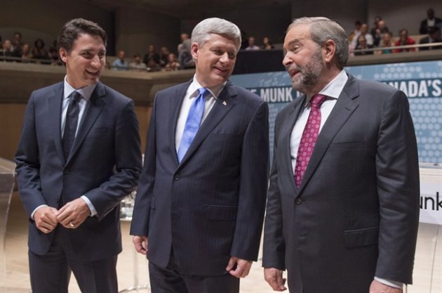 Liberal leader Justin Trudeau gives a television interview in a large garage Thursday