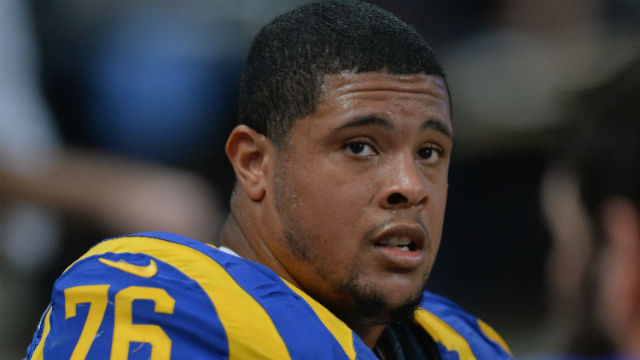 Rodger Saffold #76 of the St. Louis Rams on the sidelines during a game against the New York Giants at the Edward Jones Dome