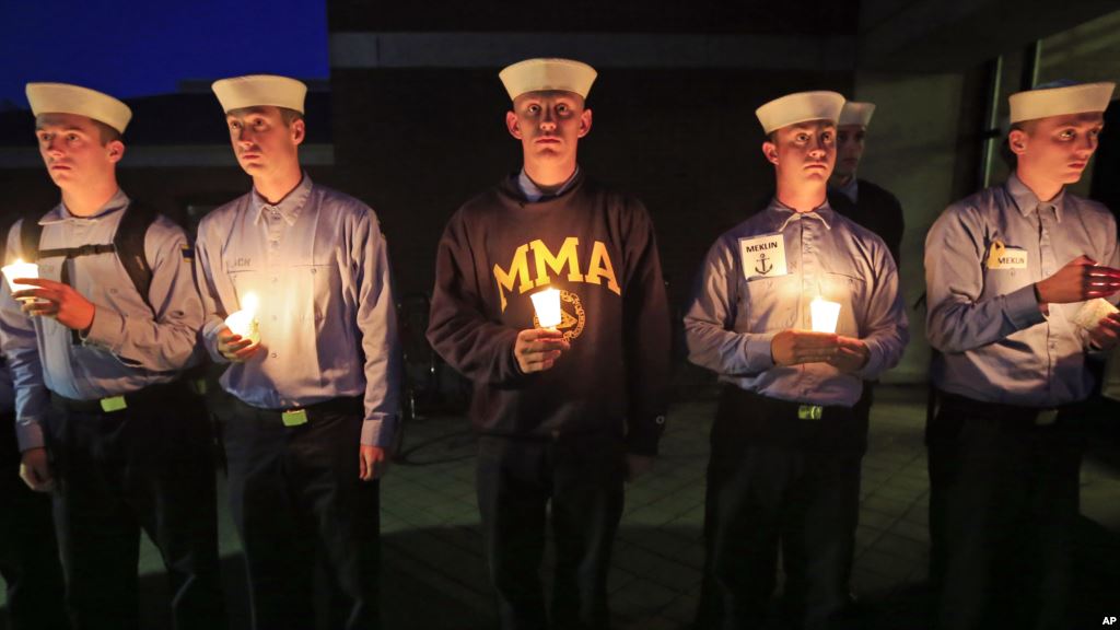 Maine Maritime Academy students attend a vigil of hope for the missing crew members of the U.S. container ship El Faro Tuesday evening Oct. 6 2015