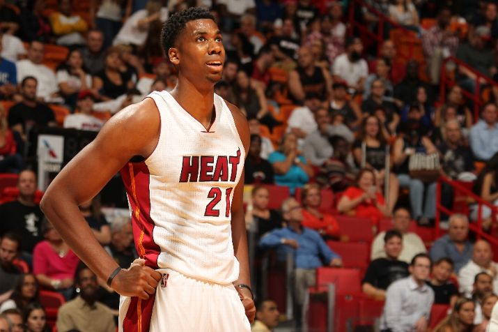 Hassan Whiteside #21 of the Miami Heat looks on during the game against the Washington Wizards